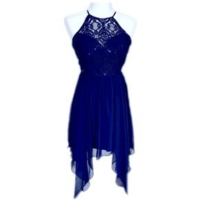 B. Darlin Navy Blue Homecoming Dress with Halter and Handkerchief Skirt size 3/4